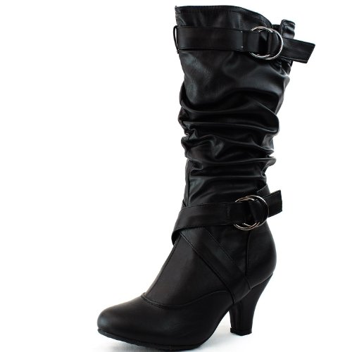 Womens Lala 02 Buckle Straps Low Heel Casual Trendy Round Toe Cowboy Mid Calf Knee High Boots 0124