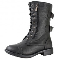 Top Moda Pack-72 Women’s Back Buckle Lace Up Combat Boots Black 7