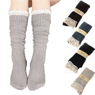 ABC(TM) Women Crochet Lace Trim Cotton Knit Footed Leg Boot Knee High Stocking (Beige)