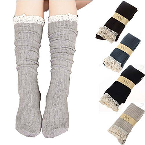 ABC(TM) Women Crochet Lace Trim Cotton Knit Footed Leg Boot Knee High ...