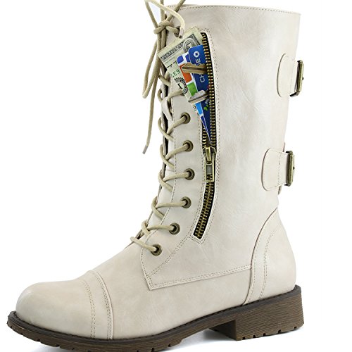 Women’s Military Lace Up Buckle Combat Boots Mid Knee High Exclusive Credit Card Pocket, 9