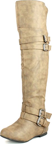 Top Moda Womens Night-79 Over The Knee Round Toe Buckle Riding Flat Boots,Cognac,8