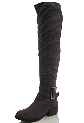 Breckelle’s Women’s Medison -16 Suede Double Buckle Strap Over the Knee Flat Boot, Grey, 9 M US