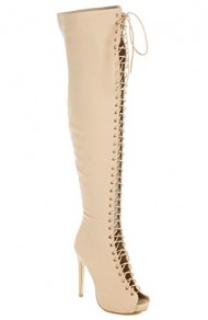 Glaze Thigh High Open Toe Stiletto Heel Lace Up Side Zipper Boots