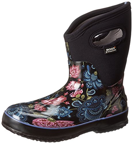 Bogs Women’s Classic Mid Winter Blooms Waterproof Winter & Rain Boot,Black Multi,9 M US