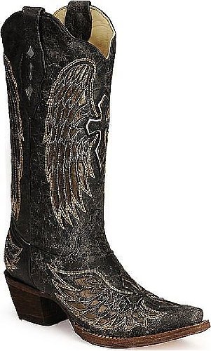 Corral Boots Women’s Angel Wing Cross Inlay Cowgirl Boot Black Leather Cowgirl Boots 6 M