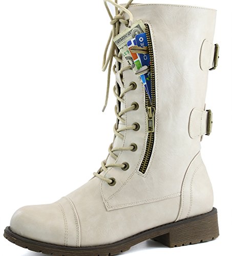 Women’s Military Lace Up Buckle Combat Boots Mid Knee High Exclusive Credit Card Pocket, 8