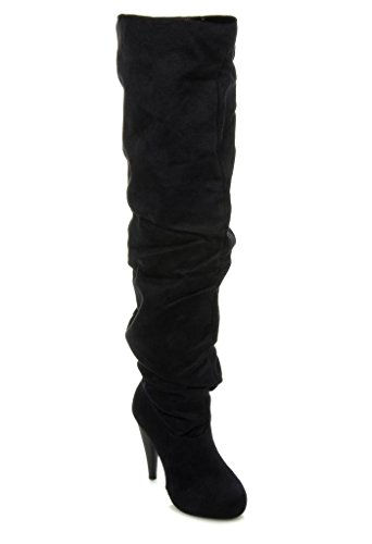 Women’s Thigh High Slouchy Ruching Heel Boots MCKAY BLACK