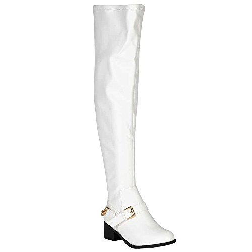 Breckelle’s CAPITAL-16 Women Buckle Strap Chain Over The Knee High Riding Boots,WHITE,8.5