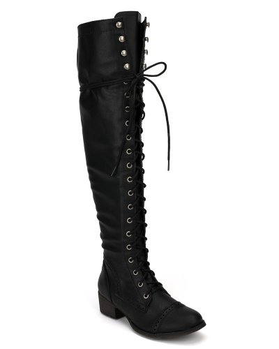 Breckelle AF57 Women Leatherette Military Lace Up Knee High Boot – Black (Size: 6.0)