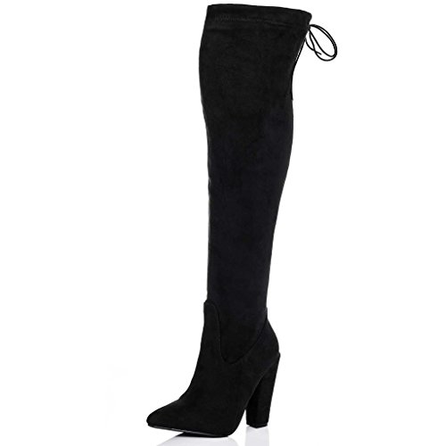 LACE UP STRETCH BLOCK HEEL OVER KNEE TALL BOOTS BLACK SUEDE STYLE SZ 7 ...