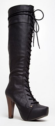 Qupid PUFFIN-74 Lace Up Chunky High Heel Knee High Boot ( Size 7 B(M) US)
