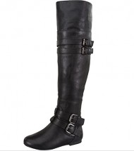 Women’s Thigh High Dual Buckle Fold Over Boots in Taupe, Cognac, Tan, Black (8.5, Black)