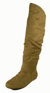 Cheryl! By Soda Fashion Slouchy Knee-high Flat Boots with Ruched Back Design and Buckle Adornment, light taupe faux suede, 6.5 M