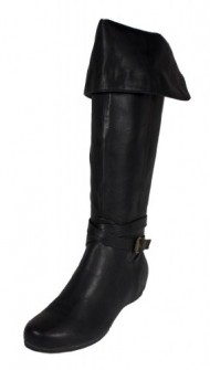Mona! By Soda Foldable Mid Calf to Knee High Strap Wrapped Hidden Low Heel Boot, black leatherette, 8 M