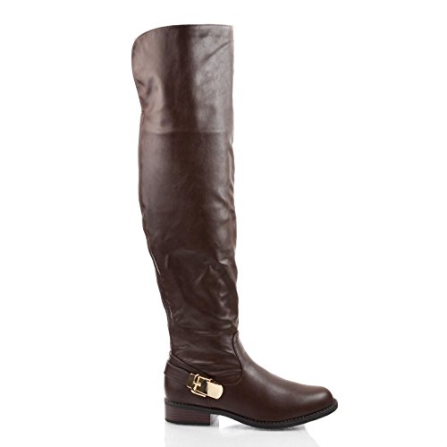 Pilot05 Brown Almond Toe Over The Knee Back Strap Low Heel Zip Up Riding Boots-9