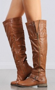 Women’s Over The Knee Faux Leather Buckle Boots in Tan, Black, Taupe (8.5, Tan)