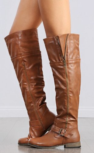 Women's Over The Knee Faux Leather Buckle Boots in Tan, Black, Taupe (8 ...