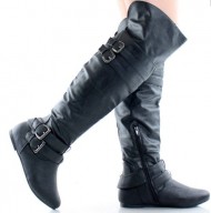 Women’s Above the Knee Dual Buckle Boots in Black, Brown, Khaki, Gray, White (6.5, Black)