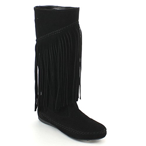 Yoki Womens Mudd-46 Fringe Knee High Boots Comfort Casual Shoes,Black,8.5
