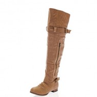 Faux Suede Leatherette Buckle Zip Up Round Toe Wooden Heel Over the Knee OTK Thigh High Boot TN7.5