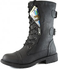 Women’s Military Up Buckle Combat Boots Mid Knee High Exclusive Credit Card Pocket, Black, 10