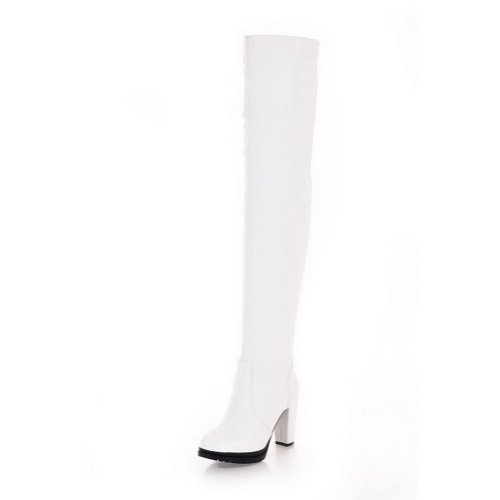 WeenFashion Women’s Glitter Chunky Heels High Leg Boots with Zipper, White, 6.5 B(M) US