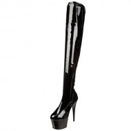 Women’s Glossy BlackThigh High Back Lace Up Boots with 7 Inch Stiletto Heel Size: 7