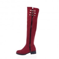 VogueZone009 Women’s Round Toe Split Joint Metal Ornament Square Heels Frosting Knee Boots with Zipper, Red, 8 B(M) US