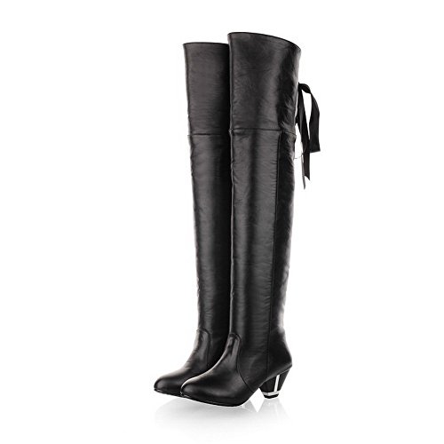 VogueZone009 Womens Closed Round Toe Kitten Heel PU Short Plush Soft Material Solid Boots, Black, 7 B(M) US
