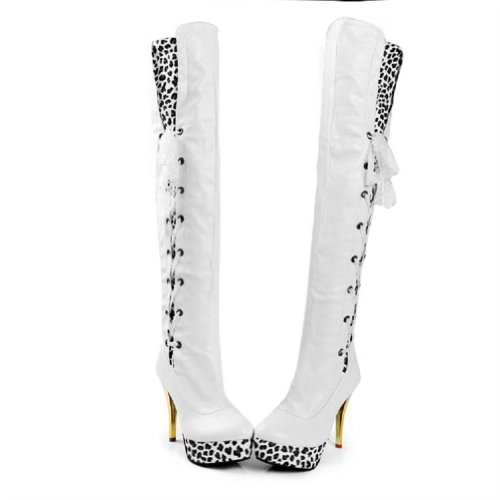 Charm Foot Fashion Lace up Womens Platform High Heel Over the Knee Boots Western Boots (6, White)