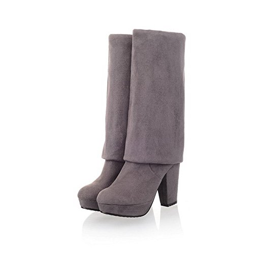 WeenFashion Womens Round Closed Toe High Heels Imitated Suede Frosted Solid Boots with Chunky Heels, Grey, 7.5 B(M) US