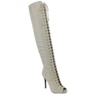 DOLLHOUSE CONFIDENCE Women’s Over The Knee Lace Up Peep Toe Fetish High Heel Boots, Color:IVORY, Size:8.5