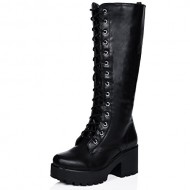 Block Heel Cleated Sole Lace Up Platform Knee High Boots Black Synthetic Leather US 7