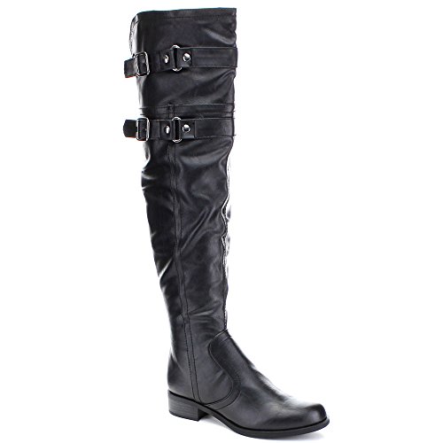 Soda Ride Women’s Faux Leather Two Buckle Accent Riding Boots, Color:BLACK, Size:7.5