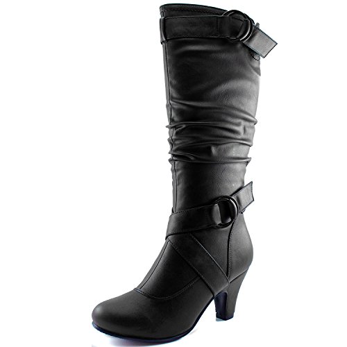 Dailyshoes Women’s Slouchy Mid Calf Strappy Boots with Ankle and Top Straps – 2″ Heel Fashion Boots