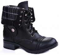 JJF Shoes H-7 Black Plaid Military Combat Foldable Cuff P-Leather Zipper Lace Up Boots-10