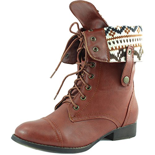 Women’s Lace up Ankle Fold Over 2-Way Round Toe Mid Calf Military Combat Boots Stylish Fashion Shoes, 7
