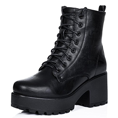 Block Heel Cleated Sole Lace Up Platform Ankle Boots Black Synthetic Leather US 7
