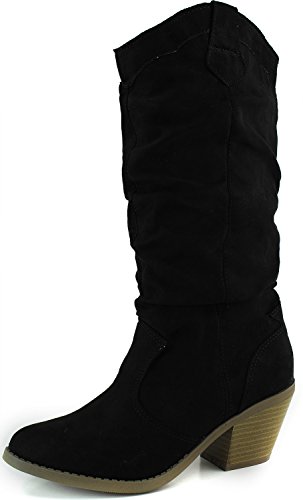 Women’s Designer Mid Calf Knee High Vintage Western Cowboy Combat Stacked Stylish Casual Slouch Fashion Dress Boot,Muse-01 Black Suede 5.5