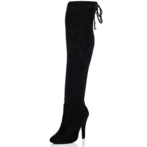 LACE UP HIGH HEEL STILETTO OVER KNEE TALL BOOTS BLACK SUEDE STYLE SZ 5 ...
