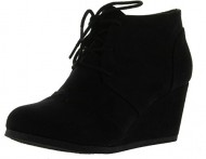 REX Designer toms Inspired Stitch Detail Lace Up Ankle Bootie Wedge, Black Suede PU, 9