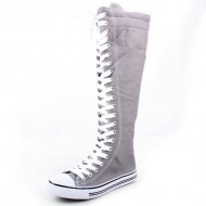 West Blvd Womens SNEAKER Boots Knee High Lace Up Flat Punk Canvas Skate Shoes, Grey Linen, US 7.5