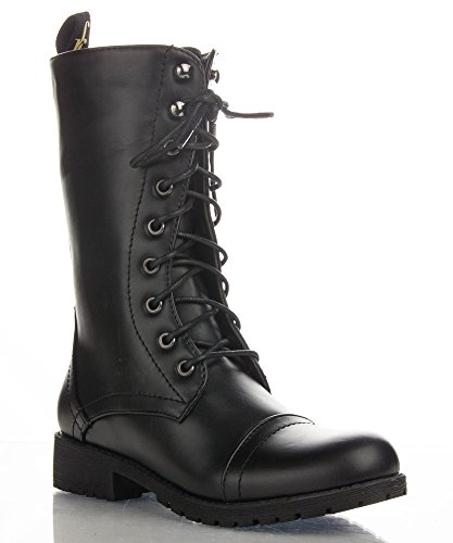 Women's Military Combat Colored Lace Up Mid Calf Boots With Zipper ...