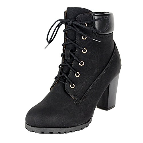 Womens Rugged Lace Up Stacked High Heel Ankle Boots