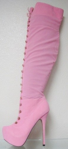 Marilyn Moda Nikky Thigh High Lace Up Platform Stiletto Heel Side Zipper faux Suede Boots Pink6.5