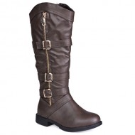 Twisted Women’s AMIRA Wide Width/Wide Calf Faux Leather Knee-High Western Flat Riding Boot with Multi Buckle Straps – BROWN, Size 8