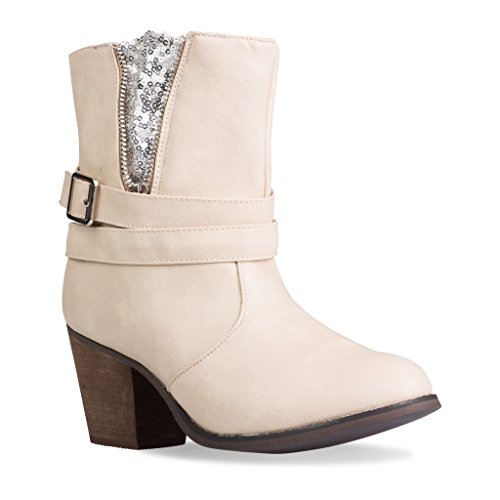 Twisted Women’s Lisa Faux Leather Zip-Up Ankle Heel Boot with Rhinestones- CREME, Size 9