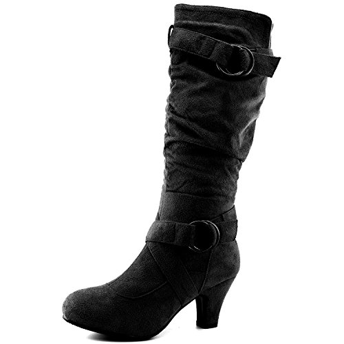 Dailyshoes Women’s Slouchy Mid Calf Strappy Boots with Ankle and Top Straps – 2″ Heel Fashion Boots,9 B(M) US,Black SV w/Side Pocket