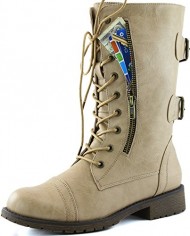 Women’s Military Up Buckle Combat Boots Mid Knee High Exclusive Credit Card Pocket, Beige, 7.5